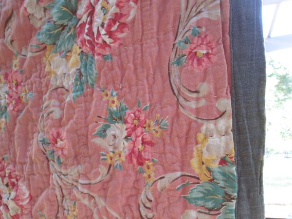 Vintage Hand made hand sewn 1920's pink and gray quilt floral pattern with gray backing and edge trim