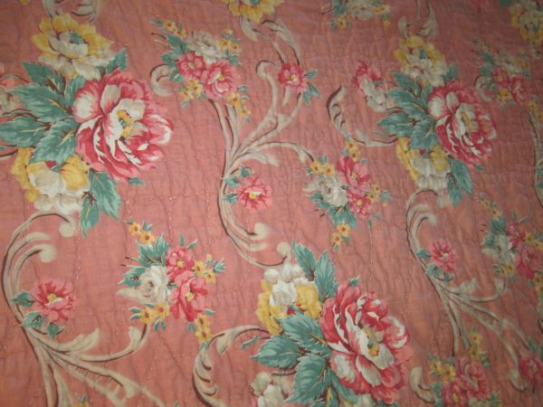 Vintage Hand made hand sewn 1920's pink and gray quilt floral pattern with gray backing and edge trim