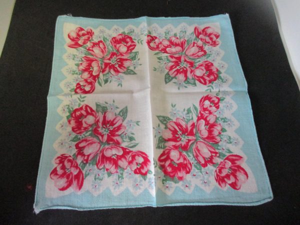 Vintage Hanky Handkerchief Blue rim Pink and red flowers printed cotton 1950's hanky Beautiful colors collectible display 10" x 10"