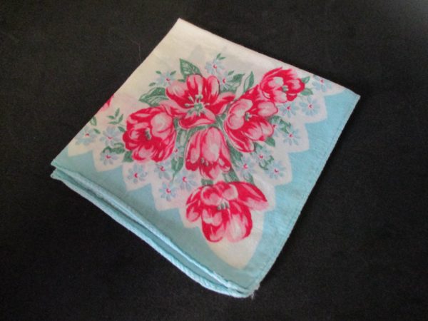 Vintage Hanky Handkerchief Blue rim Pink and red flowers printed cotton 1950's hanky Beautiful colors collectible display 10" x 10"