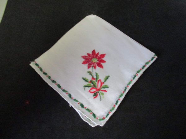 Vintage Hanky Handkerchief Christmas Holiday Poinsettia Holly berry red green white collectible display purse 10" x 10" embroidered
