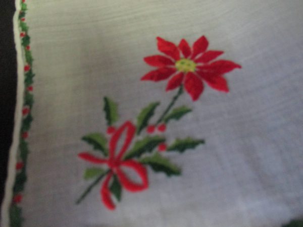 Vintage Hanky Handkerchief Christmas Holiday Poinsettia Holly berry red green white collectible display purse 10" x 10" embroidered