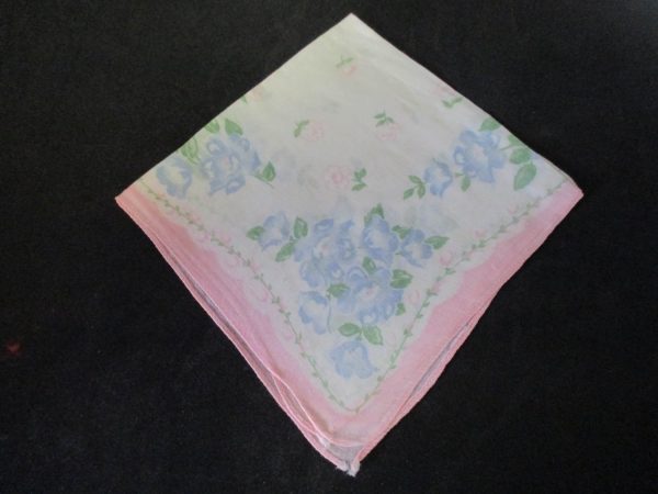 Vintage Hanky Handkerchief collectible display cottage 11" x 11" printed cotton pink edges blue and pink floral pattern