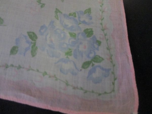 Vintage Hanky Handkerchief collectible display cottage 11" x 11" printed cotton pink edges blue and pink floral pattern