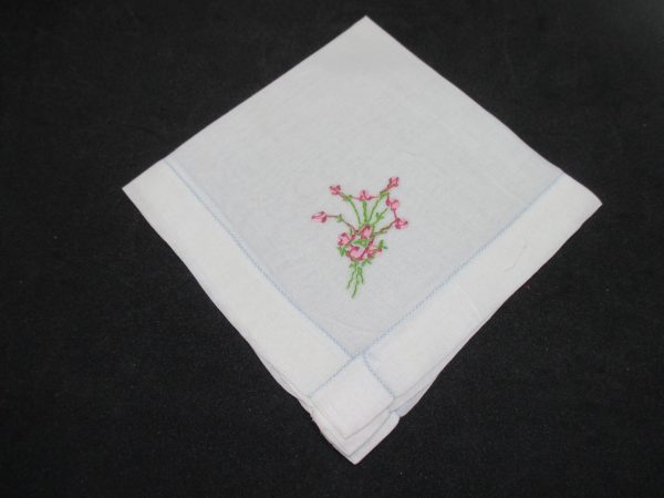 Vintage Hanky Handkerchief collectible display cottage cotton embroidered flowers pink dark pink flowers and green leaves 12" x 12"