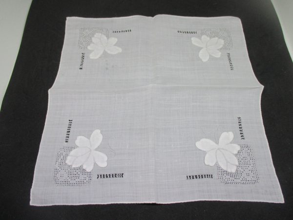 Vintage Hanky Handkerchief collectible display cottage cotton floral with hemstitch light gray embroidery 1940's White on white 11"x11"