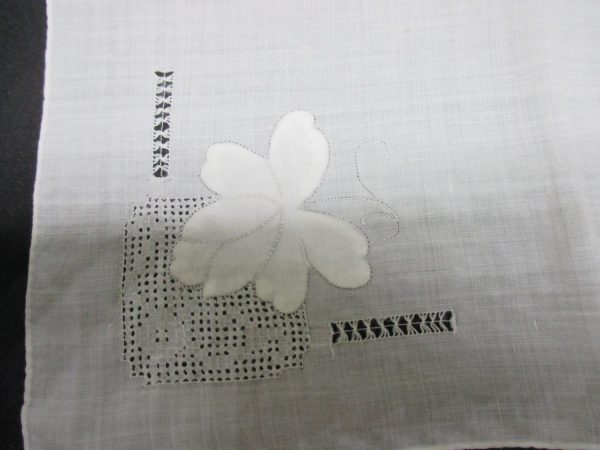Vintage Hanky Handkerchief collectible display cottage cotton floral with hemstitch light gray embroidery 1940's White on white 11"x11"