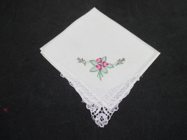 Vintage Hanky Handkerchief collectible display cottage cotton pink floral embroidered flowers with lace trim 9"x9"
