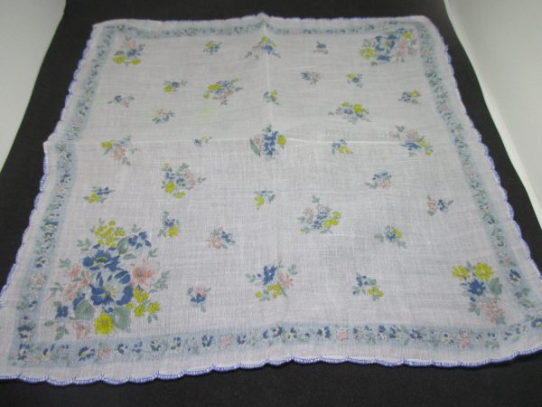 Vintage Hanky Handkerchief collectible display cottage cotton printed white blue and peach flowers yellow accents 14" x 14"