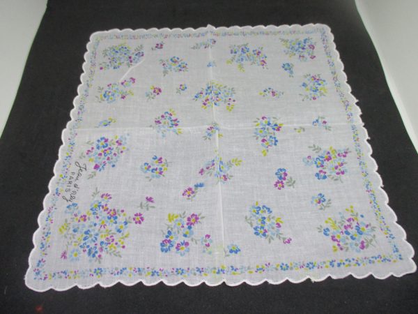 Vintage Hanky Handkerchief collectible display cottage cotton printed white blue dark pink and aqua flowers yellow accents 14" x 14"