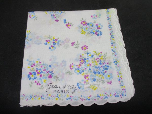 Vintage Hanky Handkerchief collectible display cottage cotton printed white blue dark pink and aqua flowers yellow accents 14" x 14"