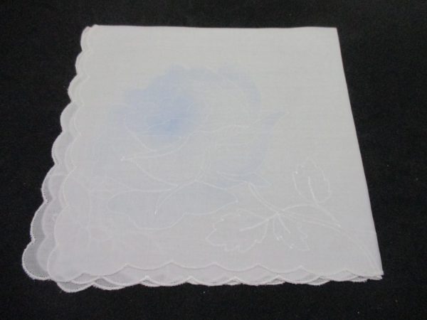 Vintage Hanky Handkerchief collectible display cottage cotton white raised flowers with hint of blue  11" x 11"