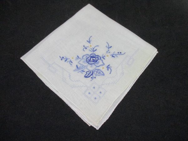 Vintage Hanky Handkerchief collectible display cottage cotton white with blue embroidered flowers great cutwork and hemstitch cottage decor