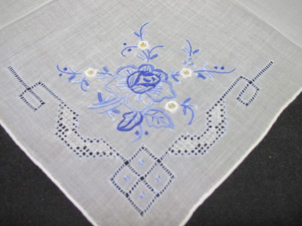 Vintage Hanky Handkerchief collectible display cottage cotton white with blue embroidered flowers great cutwork and hemstitch cottage decor