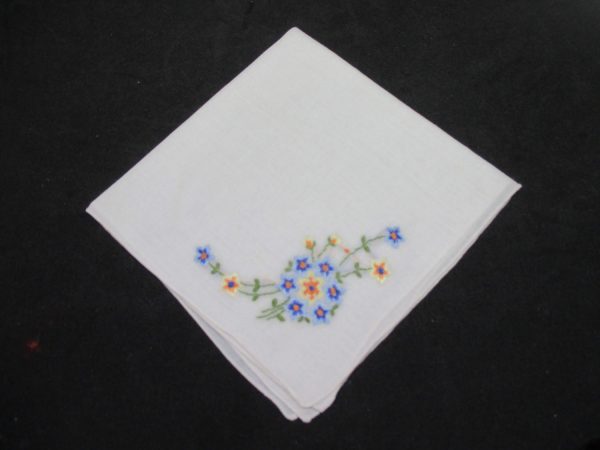 Vintage Hanky Handkerchief collectible display cottage cotton white with blue & yellow embroidered flowers shadow box 10"x10"