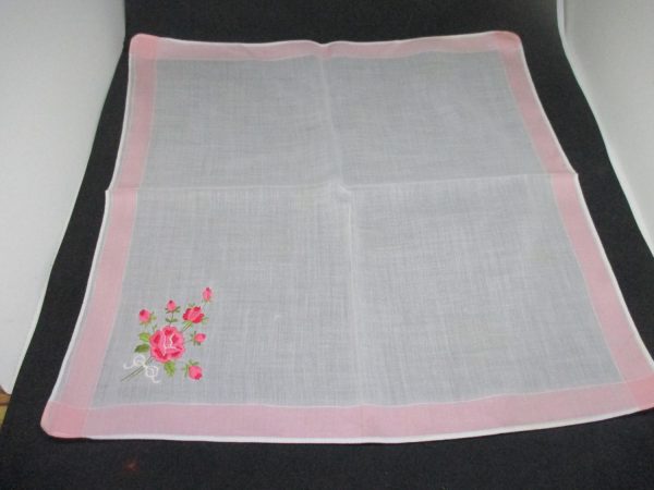 Vintage Hanky Handkerchief collectible display cottage cotton white with pink green embroidered flowers with bow pink edge shadow box 14x14