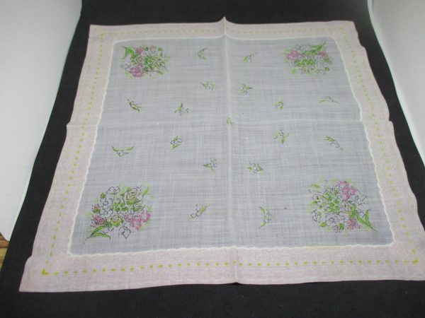 Vintage Hanky Handkerchief collectible display cottage cotton white with pink green printed cotton flowers shadow box 14"x14"