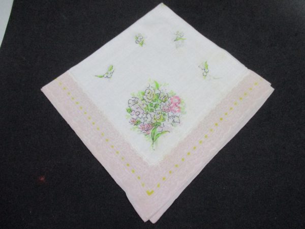 Vintage Hanky Handkerchief collectible display cottage cotton white with pink green printed cotton flowers shadow box 14"x14"