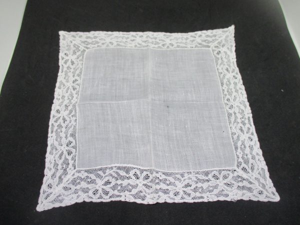 Vintage Hanky Handkerchief collectible display cottage cotton white with white lace hanky 10"x10"