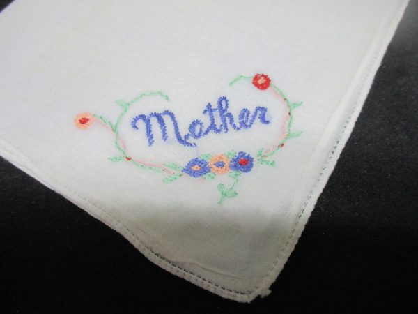 Vintage Hanky Handkerchief collectible display cottage embroidered Mother blue with green leaves pink red flowers embroidered 10" x 10"