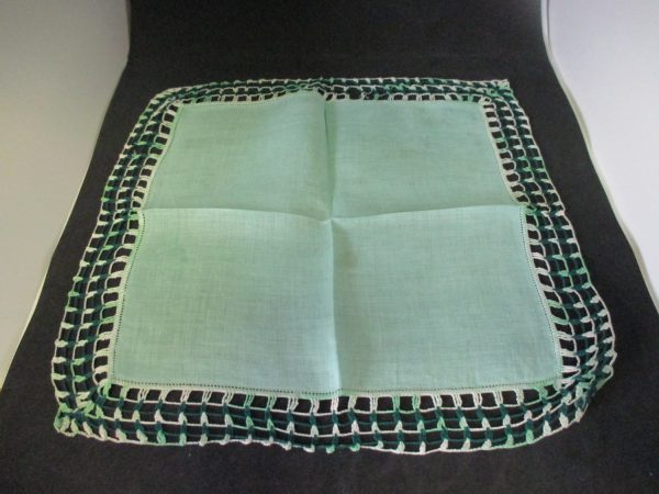 Vintage Hanky Handkerchief collectible display cottage green linen with heavy crochet trim green dark green and white 14" x 14"