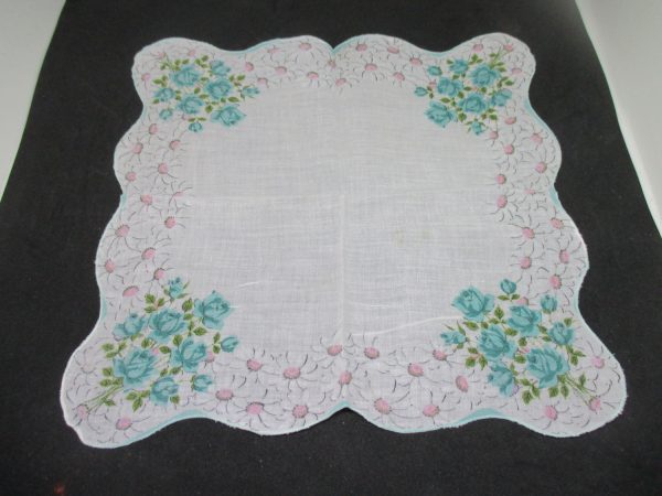 Vintage Hanky Handkerchief collectible display cottage printed cotton Aqua Roses with pink center daisies scalloped edge 12" x 12"