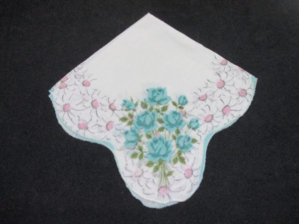 Vintage Hanky Handkerchief collectible display cottage printed cotton Aqua Roses with pink center daisies scalloped edge 12" x 12"