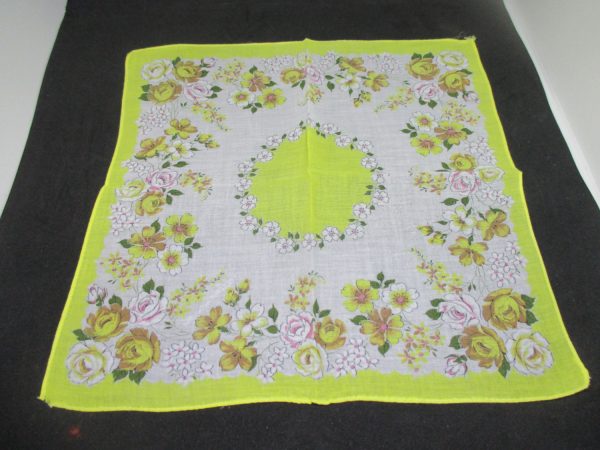 Vintage Hanky Handkerchief collectible display cottage printed cotton hanky yellow and mustard yellow flowers yellow trim some pink 12"x12"