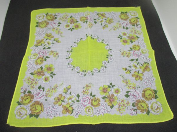 Vintage Hanky Handkerchief collectible display cottage printed cotton hanky yellow and mustard yellow flowers yellow trim some pink 12"x12"