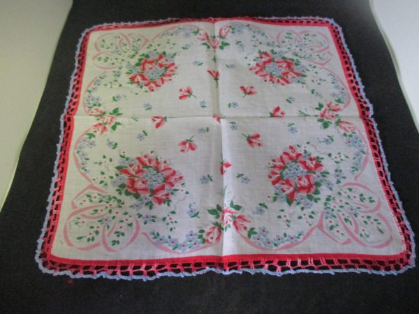 Vintage Hanky Handkerchief collectible display cottage printed cotton pink and dark pink flowers red blue heavy crochet trim 13" x 13"