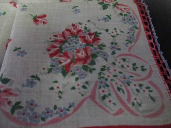 Vintage Hanky Handkerchief collectible display cottage printed cotton pink and dark pink flowers red blue heavy crochet trim 13" x 13"