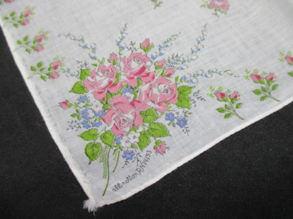 Vintage Hanky Handkerchief collectible display cottage printed cotton pink and dark pink roses with small blue flowers 12"x12"