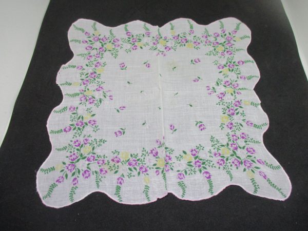 Vintage Hanky Handkerchief collectible display cottage printed cotton purple and yellow flowers green leaves scalloped edges 12" x 12"