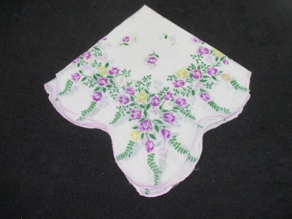 Vintage Hanky Handkerchief collectible display cottage printed cotton purple and yellow flowers green leaves scalloped edges 12" x 12"