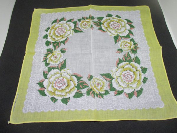 Vintage Hanky Handkerchief collectible display cottage printed cotton yellow flowers green and pink leaves scalloped edges 12" x 12"