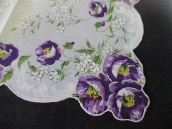 Vintage Hanky Handkerchief collectible display cottage purple and white floral printed cotton 13" x 13" scrolls with scalloped edges