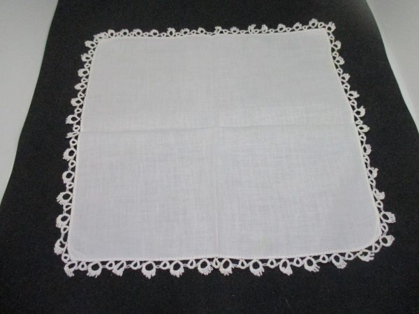 Vintage Hanky Handkerchief collectible display cottage White with white tatted edges 12" x 12" cotton