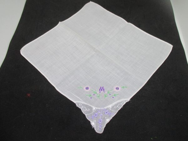 Vintage Hanky Handkerchief collectible display cotton with embroidered purple and pink flowers green leaves detailed 10" x 10"