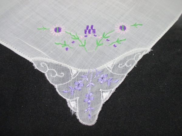 Vintage Hanky Handkerchief collectible display cotton with embroidered purple and pink flowers green leaves detailed 10" x 10"
