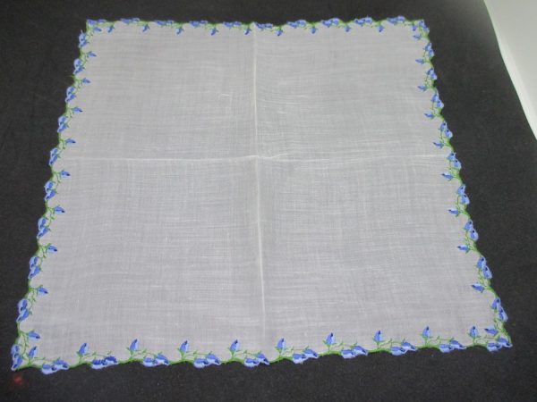 Vintage Hanky Handkerchief collectible display sheer with blue floral embroidered trim 10" x 10" tiny blue roses