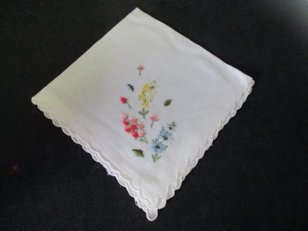 Vintage Hanky Handkerchief embroidered floral bouquets  cotton  13" x 13" collectible display cottage pink blue yellow scalloped rim