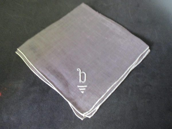 Vintage Hanky Handkerchief Gray Emboridered Monogram B with white rim 12" x 12" 1940's art deco