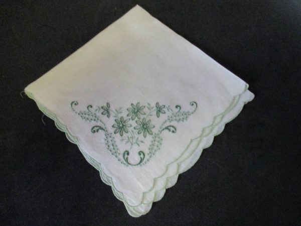 Vintage Hanky Handkerchief Green Emboridered Flowers with green scalloped rim 10" x 10" 1940's
