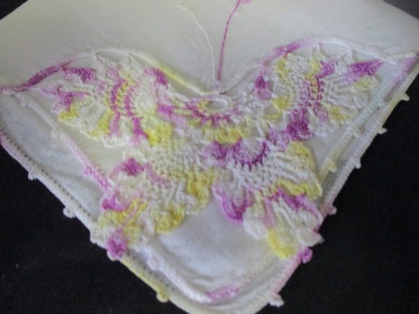 Vintage Hanky Handkerchief lavender and yellow crochet butterfly with crochet trim 11" x 11"