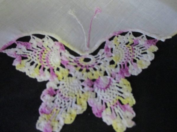 Vintage Hanky Handkerchief lavender and yellow crochet butterfly with crochet trim 11" x 11"