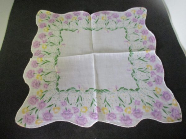 Vintage Hanky Handkerchief lavender carnations printed cotton scalloped hanky collectible display 11" x 11"