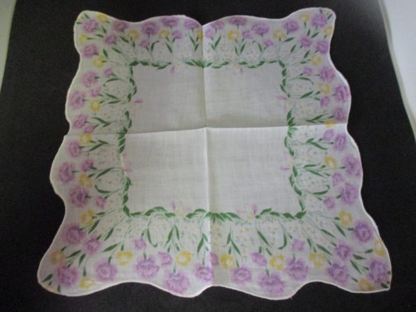 Vintage Hanky Handkerchief lavender carnations printed cotton scalloped hanky collectible display 11" x 11"