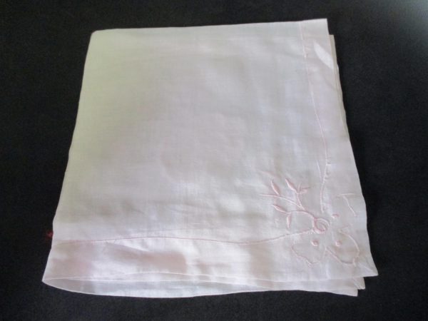 Vintage Hanky Handkerchief Light Pink embroidered flowers and rim 16' x 16"