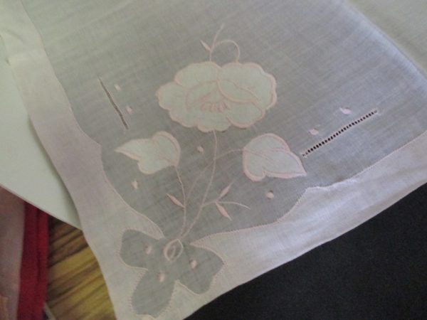 Vintage Hanky Handkerchief Light Pink embroidered flowers and rim 16' x 16"