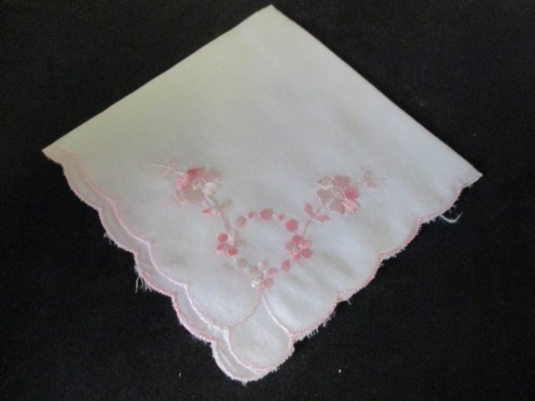Vintage Hanky Handkerchief Pink Emboridered Flowers with pink scalloped rim 9" x 9"